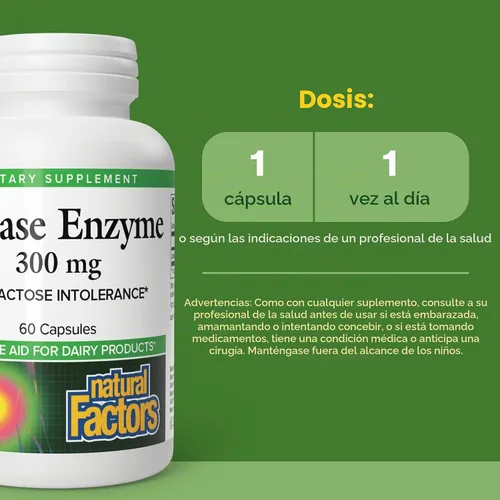 Vista 3 de Natural Factors Enzima lactasa 300 mg, soporte para la digestión láctea