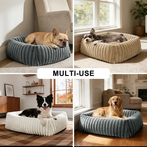 Vista 4 de FURTIME Cama para perros de tamaño mediano, cama ortopédica lavable para mascotas con funda extraíble, rectangular, suave, relajante, para Beige