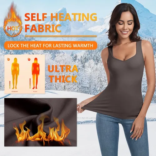 Vista 2 de WOWENY Camiseta sin mangas de forro polar térmico para mujer, sin mangas, cuello corazón, chaleco de invierno, ropa interior, camiseta cálida