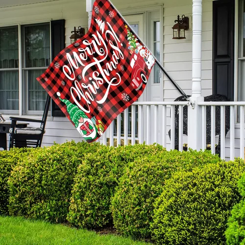 Vista 6 de Bandera de Feliz Navidad de 3 x 5 pies para decoración de patio y pancarta de búfalo rojo a cuadros de búfalo rojo, decoración al aire libre