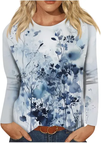 Vista 18 de Camisetas de manga larga para mujer, blusas elegantes y casuales con cuello redondo para mujer #00-Beige