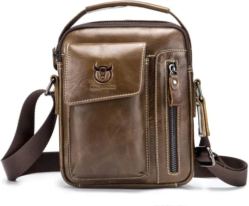 Vista 7 de BULLCAPTAIN Bolso bandolera de cuero genuino para hombre, bolso cruzado de hombro pequeño para hombre, bolso de mensajero de viaje casual para uso