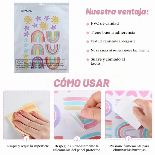 Vista 4 de Epakh Calcomanías de Decoración de Pared de Arcoíris Calcomanía Pequeña de Arcoíris Acuarela Corazón Estrella Sol Calcomanías de Pared Decoración