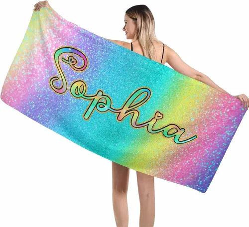 Vista 20 de MyPupSocks Toalla colorida personalizada para niños – Color arcoíris personalizada para viajes, playa, piscina y toallas de baño, toalla con nombre