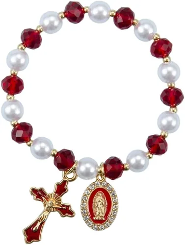 Vista 8 de Pulsera elástica de Virgen María con dije de cruz – Cristal de perlas multicolor con cuentas de joyería religiosa católica para mujer, regalo