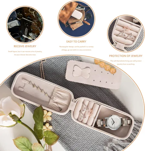 Vista 4 de SANQIANWAN Pequeña caja organizadora de viaje de joyería con estuche portátil de piel sintética para collares, anillos, aretes, diseño de borlas