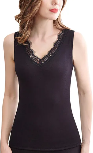 Vista 8 de Flygo Ropa interior térmica para mujer, camisas térmicas de encaje con forro polar y cuello en V