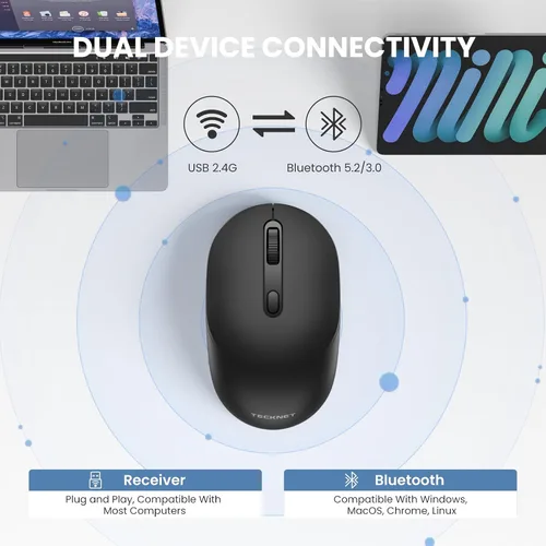 Vista 2 de TECKNET Ratón inalámbrico Bluetooth, receptor USB-A Bluetooth 5.0 y 2.4G, compacto y portátil, clic silencioso, diseño ergonómico simétrico, batería