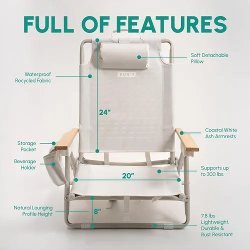Vista 3 de SUN'Y Escapes - Silla de playa tipo mochila, fabricada con plásticos encuadernados al océano, personalizable con accesorios MOLLE, ultraligera