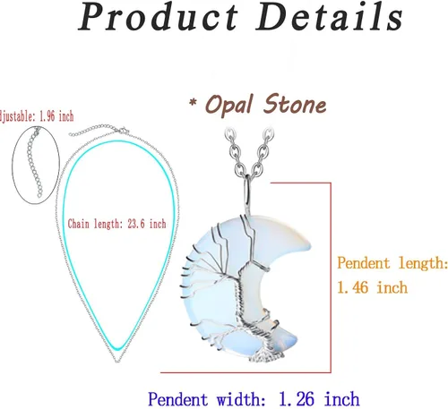 Vista 6 de MAIBAOTA Healing Crystal Necklace Tree Life Wire Wrapped Crescent Moon Necklace Stone Pendant Necklaces Natural Reiki Spiritual Quartz Gemstone