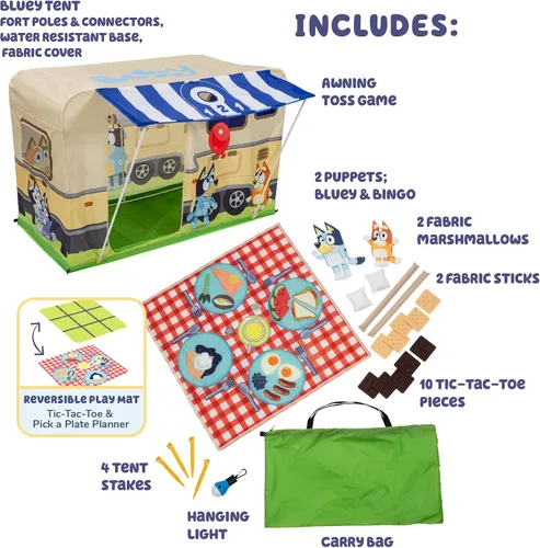 Vista 2 de BLUEY - Fuerte de actividades de campamento Juguete de casa de juegos para interiores y exteriores para niños Incluye cinco actividades, un
