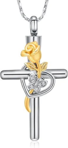 Vista 9 de Imrsanl Collar de urna de cruz de mariposa rosa para cenizas, joyería de cremación, colgante para hombres y mujeres, joyería conmemorativa