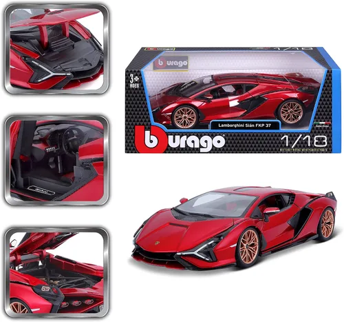 Vista 11 de Lamborghini Sian FKP 37 Rojo con ruedas de cobre 118 Modelo de automóvil fundido a presión por Bburago 11046 TY-18-11046R