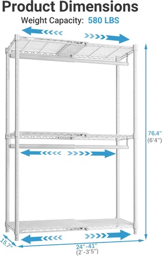 Vista 5 de VIPEK X1 Perchero de Ropa Extensible Uso Pesado Ajustable de 2' a 3'5" con Estantes Flexibles y Barras Colgadoras Percheros de Metal para Ropa Blanco