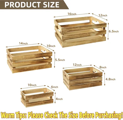Vista 2 de Cajas grandes decorativas de almacenamiento de madera chamuscada, conjunto de 4 cajas de madera anidadas para exhibición rústica, cajas