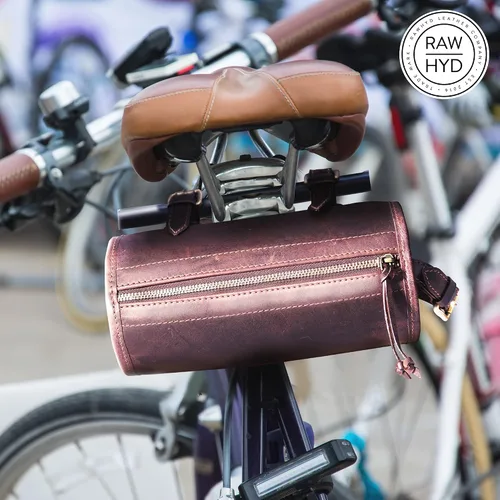 Vista 2 de RAW HYD Bolsa de manillar de cuero de grano completo para bicicletas y motocicletas – Bolsa de herramientas de bicicleta de estilo vintage