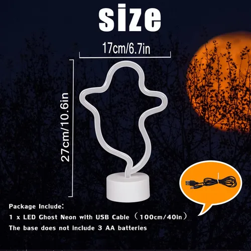 Vista 3 de Señal de neón fantasma de Halloween con base, señal de luz LED, lámpara en forma de fantasma alimentada por batería o USB para decoración de fiesta