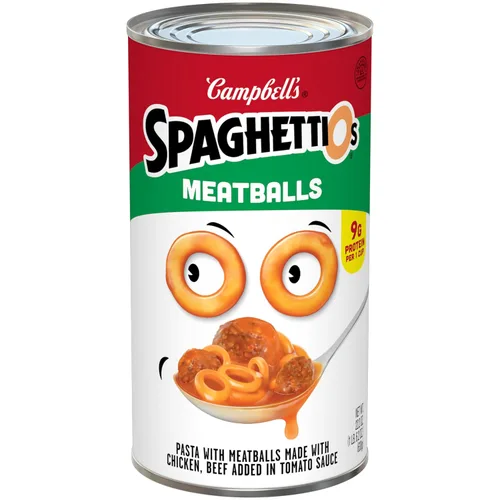 Vista 50 de SpaghettiOs Pasta enlatada con albóndigas A to Z's, lata de 15.6 onzas