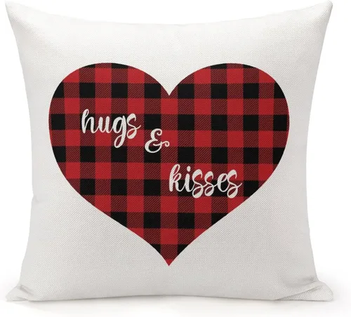 Vista 5 de Red and Black Buffalo Plaid Love Heart Hugs and Kisses Decorative Pillow Cover for Sofa Couch Chair Office Decor 16"x16",Romantic Valentine Pillow