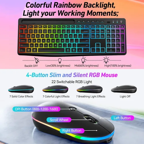 Vista 4 de Combo de teclado y mouse inalámbricos con retroiluminación, teclado recargable de 2.4 GHz con soporte para tableta de teléfono, 11 teclas de acceso