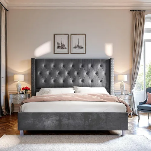 Vista 9 de PaPaJet Marco de cama de terciopelo Queen con cabecera de ala de 49.2 Gris