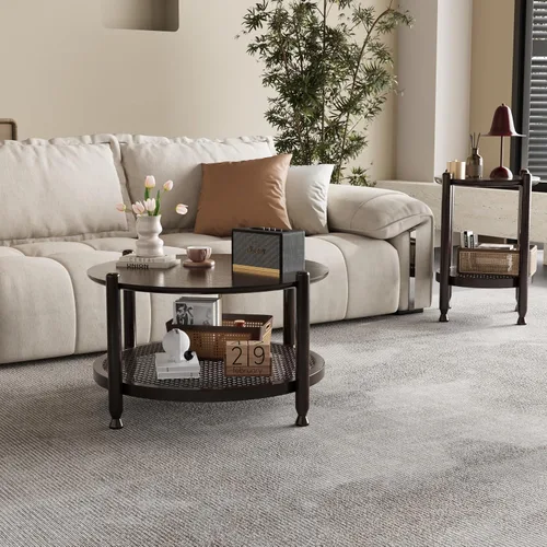 Vista 3 de NSdirect Mesa auxiliar redonda de 32 pulgadas para sala de estar, mesa central de madera maciza de 2 niveles para decoración del hogar con estante