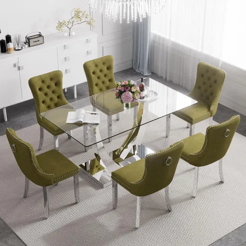 Vista 13 de Juego de mesa de comedor de cristal moderno de mediados de siglo para 4, 63 pulgadas, juego de comedor rectangular grande de lujo con parte superior