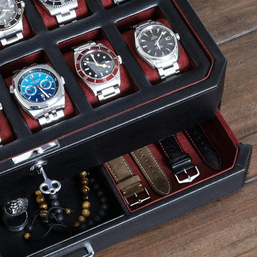 Vista 5 de Juego de regalo Caja de reloj de cuero con 12 ranuras con cajón de valet y funda de viaje a juego para 5 relojes, organizador de exhibición de lujo