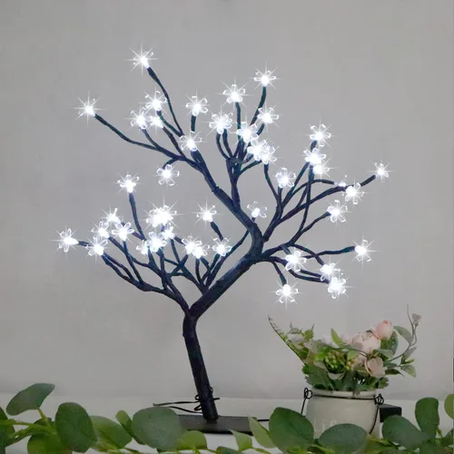 Vista 2 de Árbol de bonsái, luz artificial, luz LED, flor de cerezo, ramas ajustables, funciona con pilas para decoración de habitación y regalo (blanco)