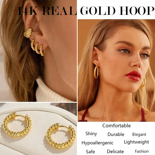 Vista 4 de 9 pares de aretes de aro de oro para mujer, chapados en oro de 14 quilates, ligeros, gruesos, trenzados, para regalo, Latón, No es una piedra
