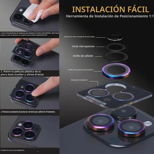 Vista 6 de Protector de lente de cámara para iPhone 15 Pro Max, protector de lente de vidrio templado con anillo de aleación de aluminio, compatible con iPhone