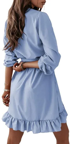 Vista 3 de Danedvi Vestidos casuales para mujer, vestidos de playa con vuelo, manga cortalarga, cuello en V, dobladillo con volantes, longitud media, vestido