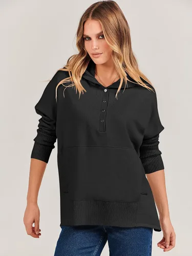 Vista 5 de ANRABESS Sudadera con capucha de gran tamaño para mujer, manga larga, botones, cuello en V, casual, holgada, ropa de otoño