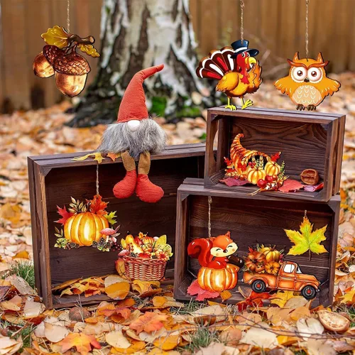 Vista 3 de 12 piezas de adornos colgantes de otoño, hoja de arce, calabaza, decoraciones de árbol, piña, fruta, diseño de Acción de Gracias, adorno lindo