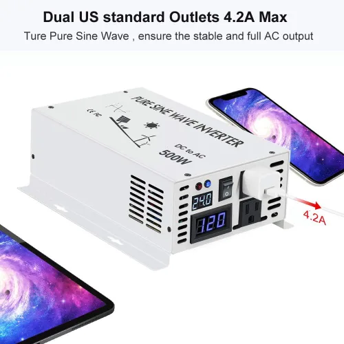 Vista 2 de WZRELB Inversor de corriente solar pura de onda sinusoidal 500w 24v DC a 120v AC 60hz