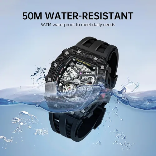 Vista 3 de TSAR BOMBA Reloj para hombre, reloj automático impermeable de 164.0 ft, esqueleto mecánico Tonneau con esfera de cara grande, reloj negro