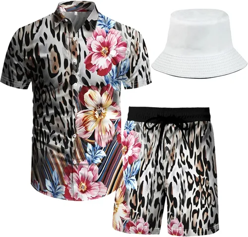Vista 31 de RPOVIG Conjunto de playa a juego con camisas y pantalones cortos para hombre, ropa floral hawaiana para festival, conjuntos de 2 piezas con sombrero
