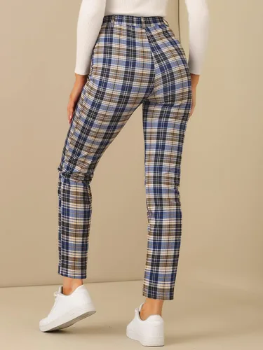 Vista 4 de Allegra K Pantalones cortos a cuadros para mujer, con botones, casuales, de tartán