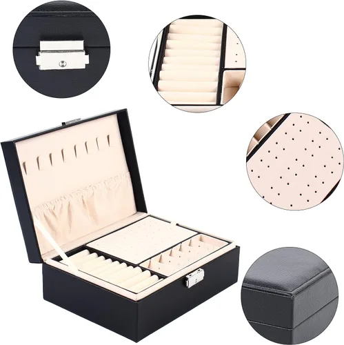 Vista 9 de SHZICMY Joyero para mujeres y niñas, 2 capas de piel sintética, organizador de joyas con cerradura con bandeja extraíble, soporte de exhibición
