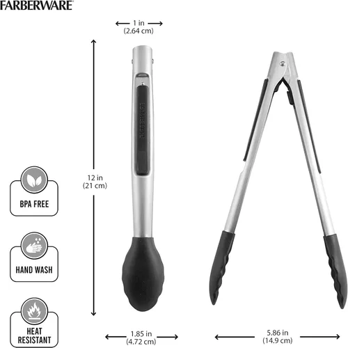 Vista 4 de Farberware Pinzas de cocina de silicona profesional de 12 pulgadas, mecanismo de bloqueo con una sola mano, agarre festoneado, pinzas de cocina