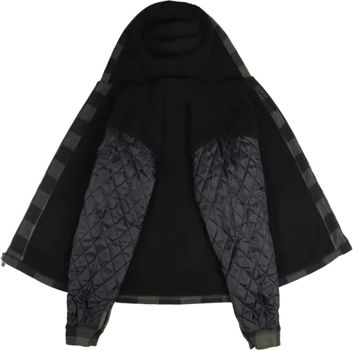 Vista 6 de Chaqueta de franela a cuadros para hombre, de felpa con capucha, de sherpa con zíper, pesada y gruesa, cálida para invierno.