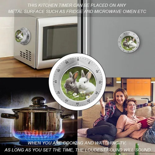 Vista 4 de Two Little Cute Rabbits Kitchen Timers for Cooking, 60-Minute Countdown Timer with Loud Alarm, Mechanical, Magnetic Backing, No Batteries Required
