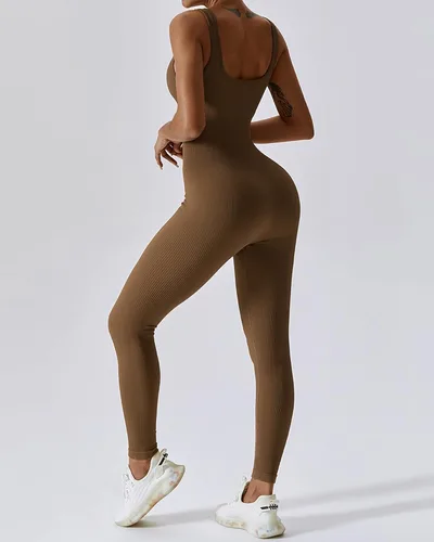 Vista 3 de Overol de yoga acanalado de una pieza para mujer, sin mangas, para ejercicio, gimnasio, entrenamiento
