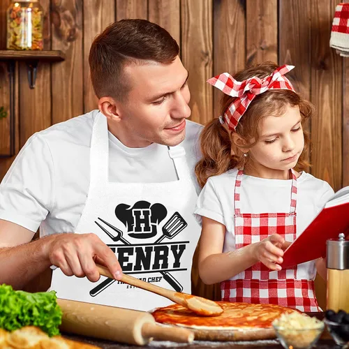 Vista 4 de Delantal de cocina personalizado para el día del padre, regalo con nombre 8 diseños de parrilla, delantales blancos personalizados para papá regalo