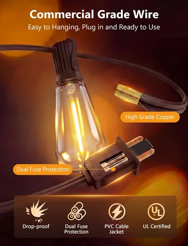 Vista 6 de Guirnalda de luces LED ST40 de 20 pies, luces vintage Edison para patio con 22 bombillas inastillables, luces colgantes impermeables para Marrón