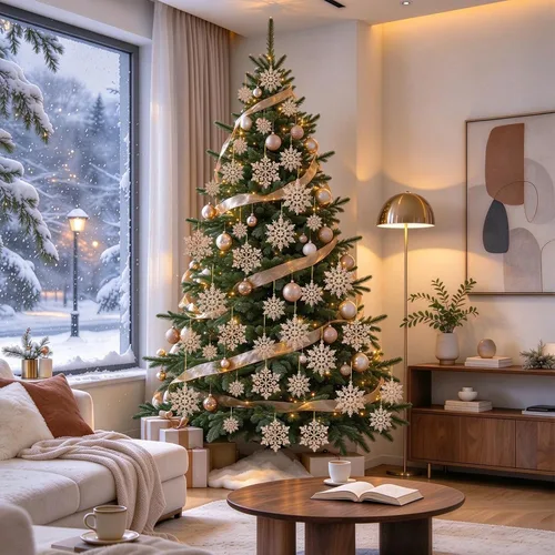 Vista 3 de Adornos inastillables de copos de nieve dorados champán para decoración del Dorado champán