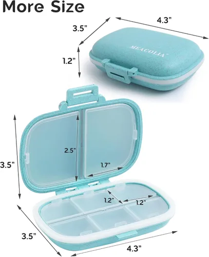 Vista 5 de Organizador de pastillas de viaje con 8 compartimentos, pastillero diario pequeño para bolsa de bolsillo, contenedor de píldoras portátil Azul