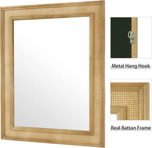 Vista 5 de WallBeyond Espejo de Pared de Ratán Rectangular, Espejo de Ratán de 32 X 44 Pulgadas con Marco de Madera para Decoración de Pared, Baño, Sala