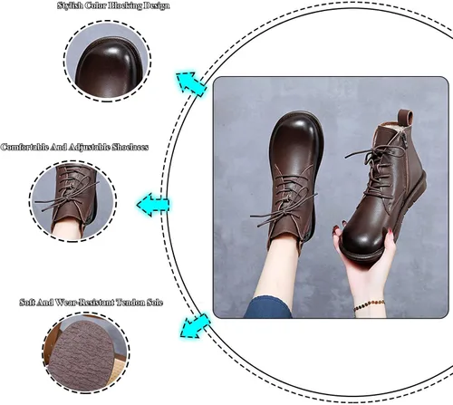 Vista 5 de AUNTHUI Botines de cuero genuino para mujer, botas cortas planas con punta redonda, cómodas y suaves, con cremallera lateral, botas casuales retro