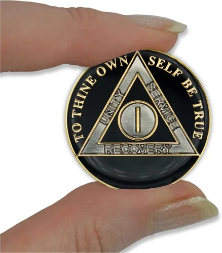 Vista 5 de Moneda de sobriedad de 1 año Ficha de aniversario de recuperación de chip AA Triplate (negro)
